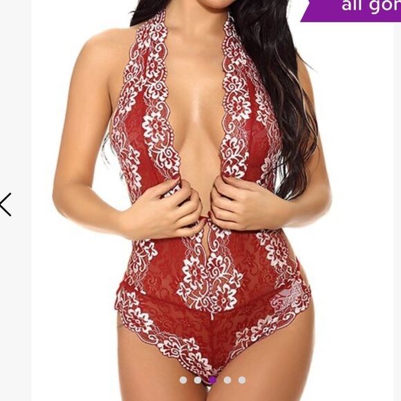 Wine Red Lace Deep V-Neck Teddy lingerie XL - Picture 2 of 10